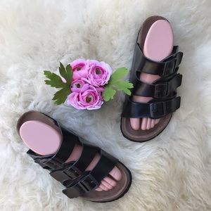 Birkenstock Black Leather 3 Straps Slides